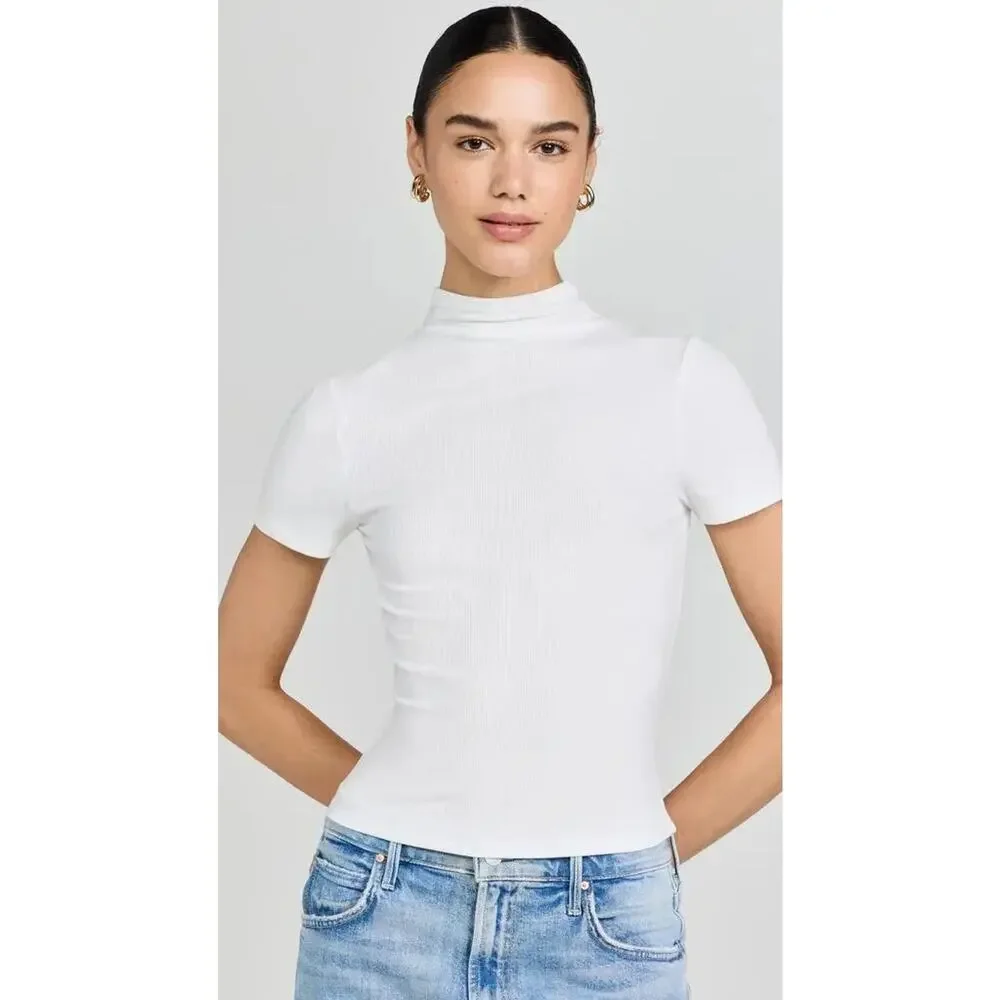 Paige Blanche Top Womens Large White Mock Neck Ribbed Stretch Shirt NWT - Picture 9 of 11